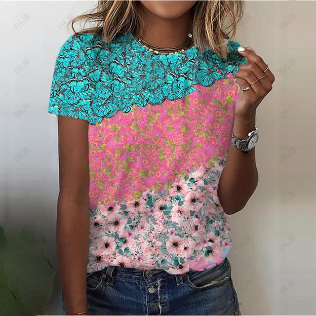 Damska koszulka z nadrukiem 3D z piórami O-Neck Casual Ladies Tee Damskie topy Harajuku Girls Krótki rękaw Streetwear Modne ubrania