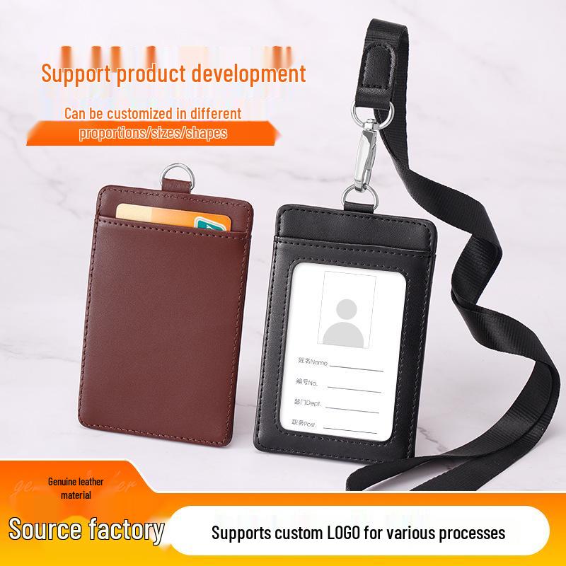 Genuine Leather Custom Work ID Card Holder with Lanyard for Employee and Student ID Cards