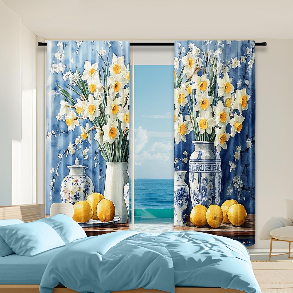 

2 pcs, versatile polyester transparent curtains for home decoration Lemon Still Life with Elegant Vases for use in bedrooms and 29x65in(75x166cm)