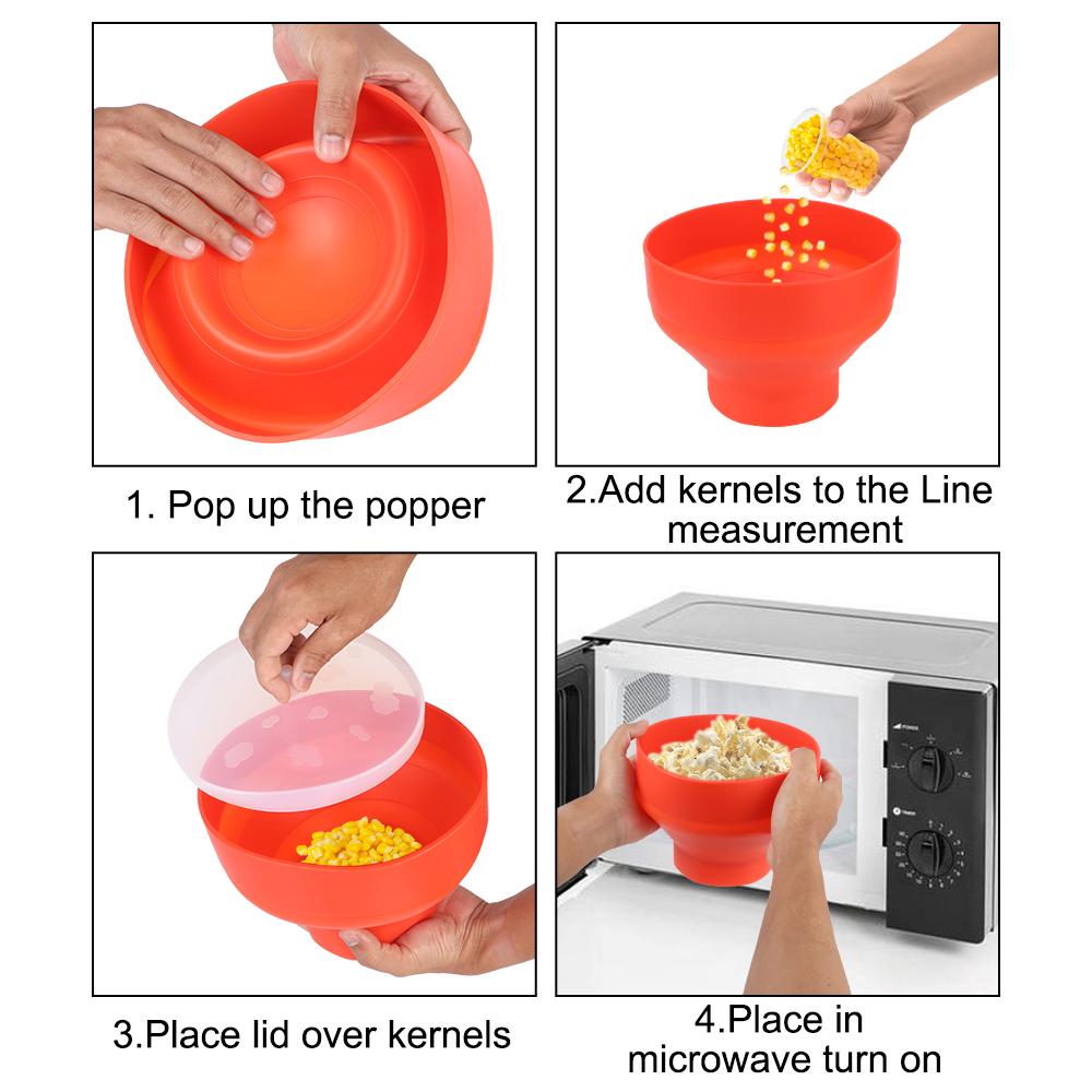 Popcorn Maker with Lid Covers Chips Fruit Dish Microwave Popcorn Bowl Bucket High Quality Kitchen Easy Tools DIY Silicone Red