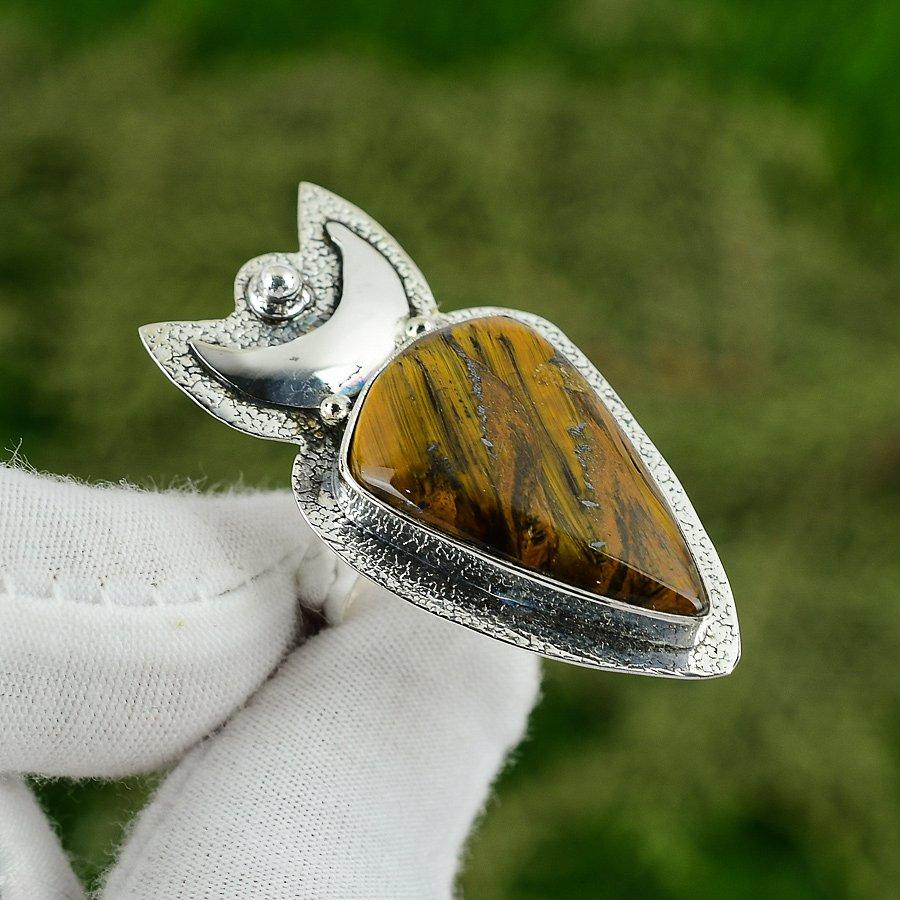 925 Silver Pear Tiger Eye Stone Promise Crescent Moon Bezel Birthday Mother Ring Adjustable