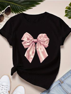 Fashionable Pink Bow Classic Style Women's Plus Size 100% Cotton Sports Short-sleeved Y2KT Shirt Streetwear Top