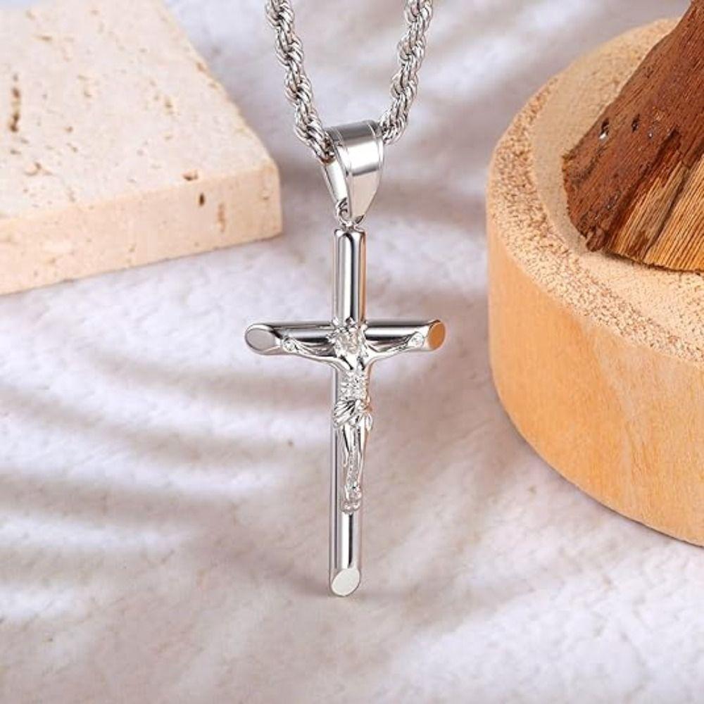 Trendy Stainless Steel Holy Cross Twist Chain Exquisite Crucifix Pendant Hypoallergenic Versatile Rope Chain Easter
