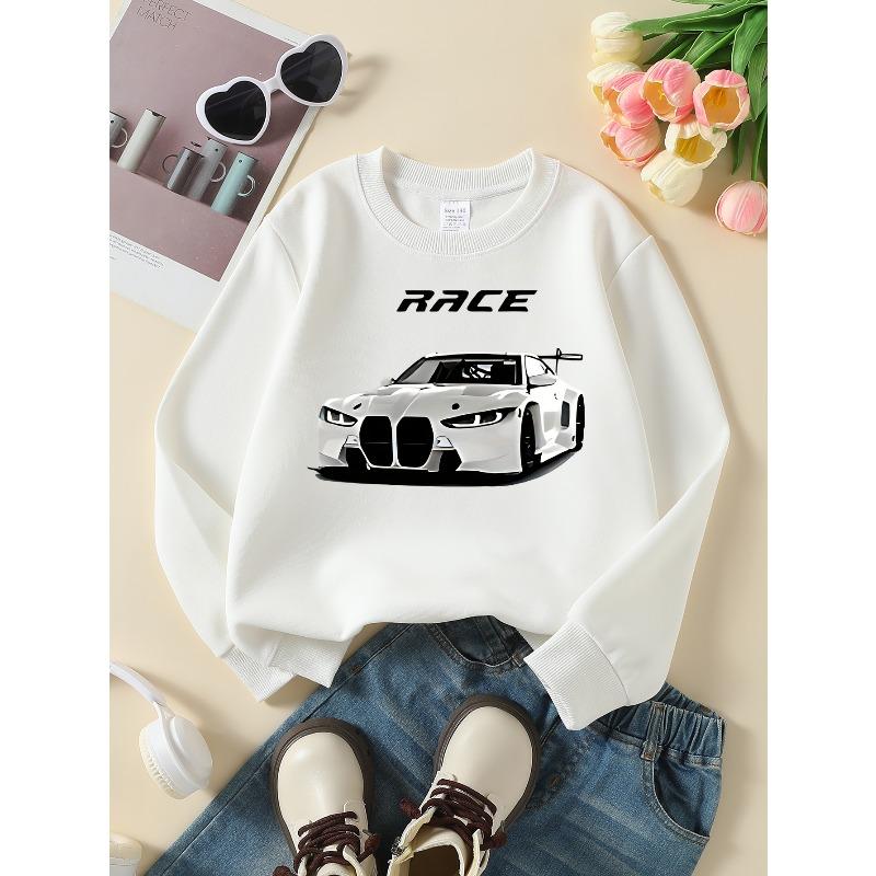 Race Car Speed Power Design Girls' Crew Neck Fashion Sweatshirt, Autumn and Winter Western Style Top, Children's Long Sleeved T-shirt