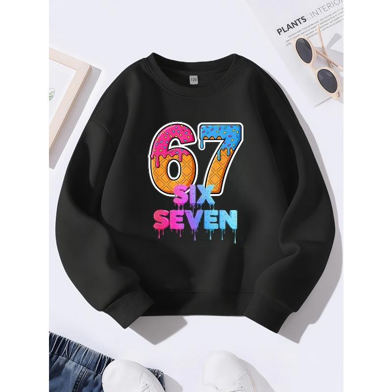 Kids Unisex Crewneck Sweatshirt, Ice Cream Waffle Cone Number 67 Print Pullover, Boys Girls Long Sleeve Birthday Sweatshirt For Kids Over 4 Years Old