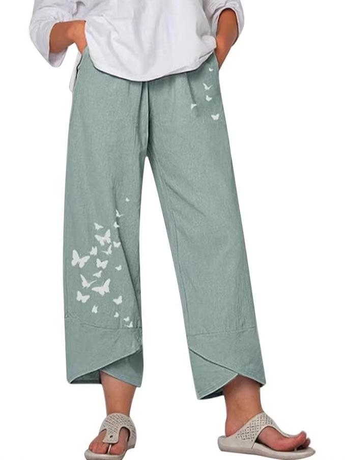 Dames Hot Selling Wijde Pijp Katoen Linnen Broek – Elastische Taille, Casual, Negenpunts Stijl