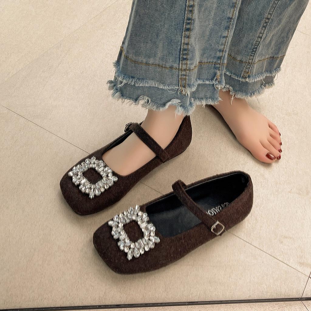 Large size women's shoes 41-43 fat feet French rhinestone woolen Mary Jane shoes spring and summer with skirts shallow beanie shoes list