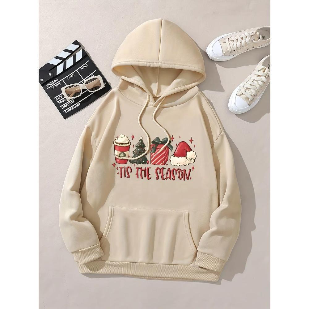 Women Christmas 4‑Elements Print Drawstring Hoodie Casual Sport Sweatshirt With Kangaroo Pocket