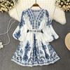 New Autumn Women Bohemian Dress Blue Print V-Neck Long Lantern Sleeve Elegant Belt Holiday Vestidos Fashion