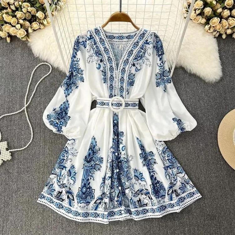 New Autumn Women Bohemian Dress Blue Print V-Neck Long Lantern Sleeve Elegant Belt Holiday Vestidos Fashion