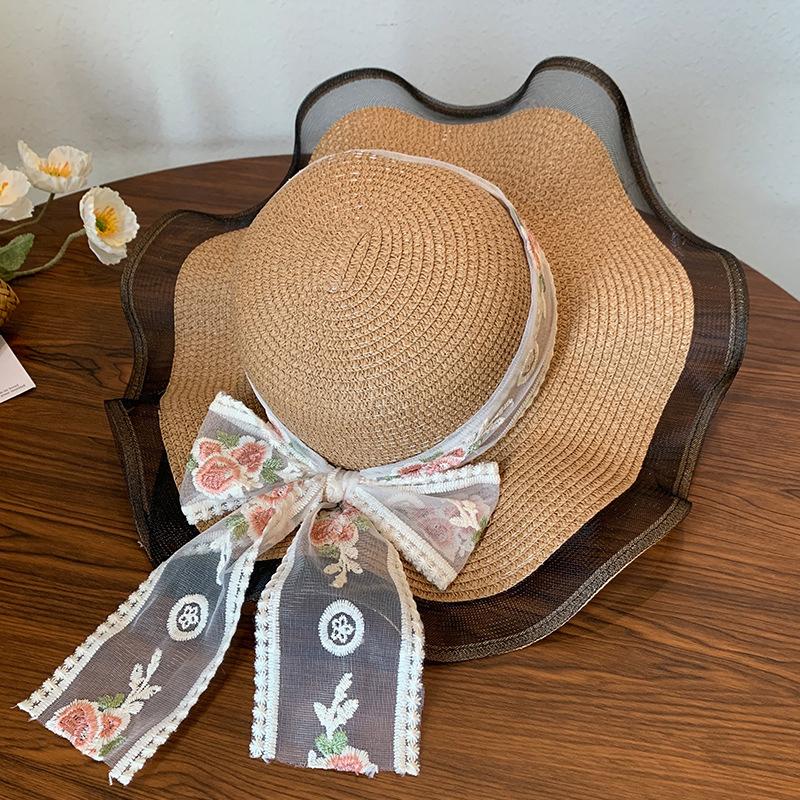 Sweet Cute Lace Edge Straw Hat For Women Spring Summer Bowkont Large Brim Sunshade Caps  Foldable Beach Cap Gifts
