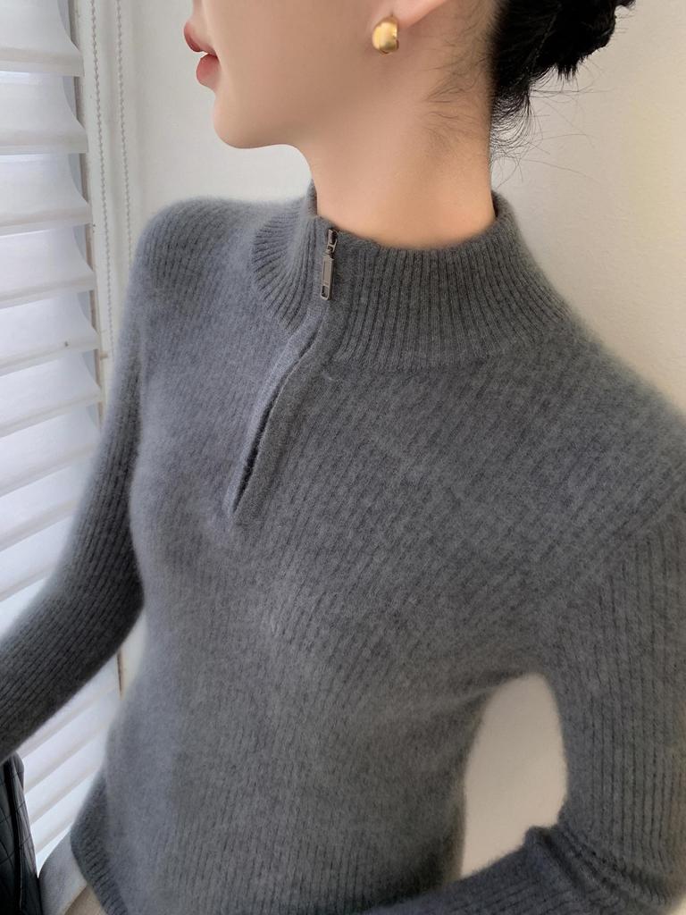 Women's Ribbed Cashmere Half-High Neck Zipper Sweater - Slimming Solid Color Base Layer for Autumn/Winter