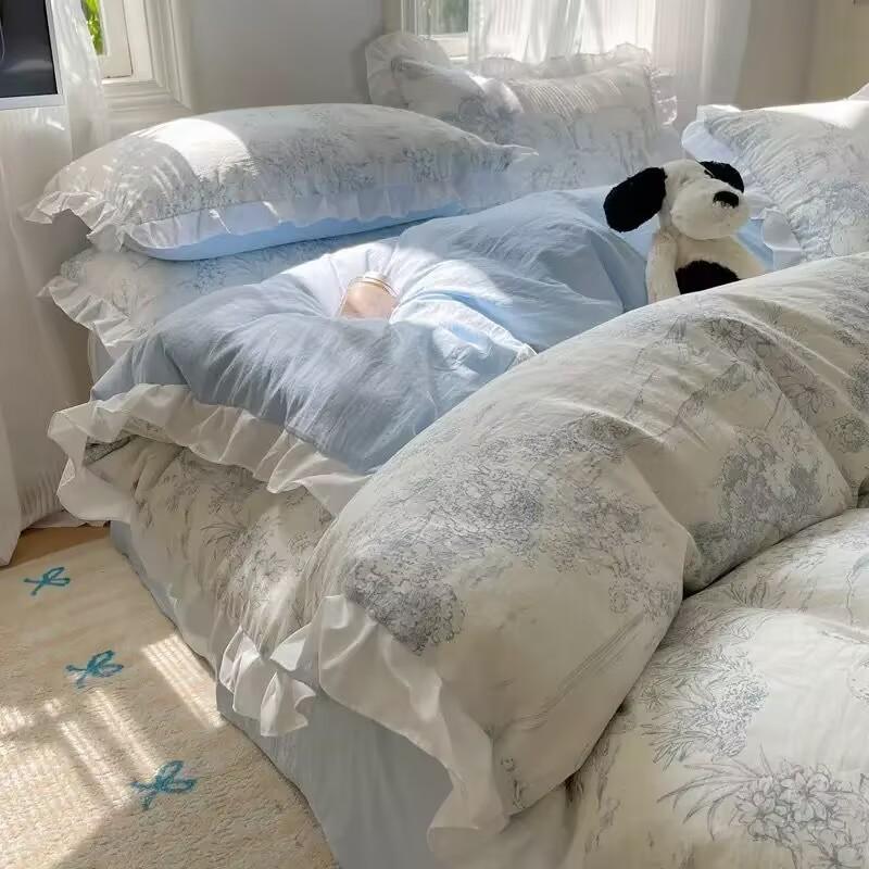 High-value Ins Lotus Leaf Lace A-type Washed Cotton Quilt Cover Skin-friendly Bed Sheet Four-piece Set Dormitory Bedding