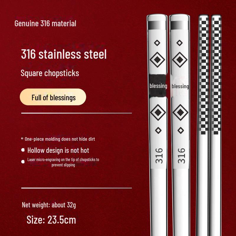Essstäbchen-Set aus 316L Edelstahl, rutschfest, verbrühungssicher, quadratisch, für Hot Pot und Kinder
