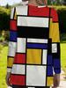 Women's plus size with pocket design Mondrian style printed long-sleeved T-shirt, fashionable loose and thin temperament versatile T-shirt