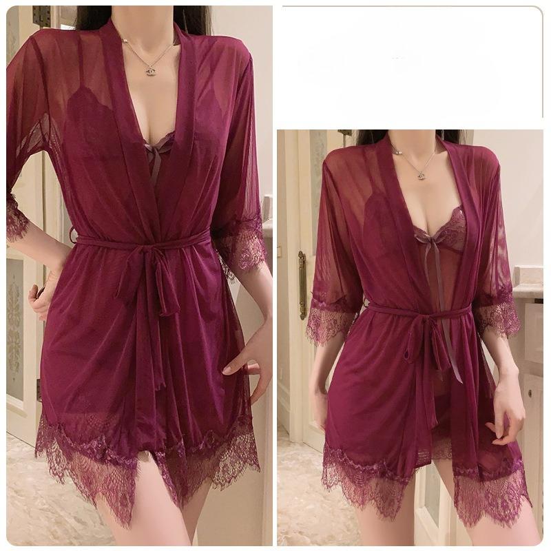 Set Lenjerie de Noapte Sexy Transparentă din Plasă pentru Femei Dulce Rochie Cami cu Fundiță din Dantelă cu Halat și Tanga