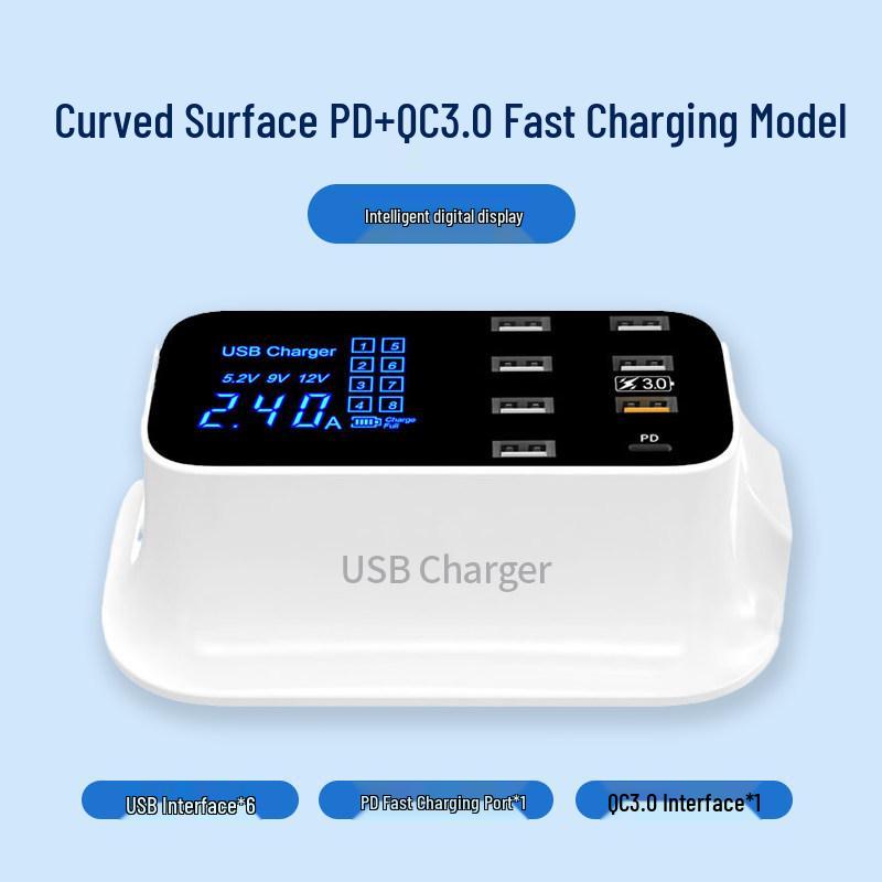 Multi-Port USB Charger with PD Fast Charging, Digital Display, 8 Ports & Multiple Interfaces
