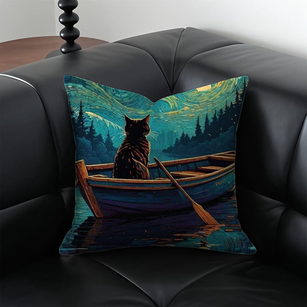 Van Gogh Starry Sky Kawaii Cat Cushion Cover Pillow Case Anti-Dustmite Invisible Zipper Silky Plush Cushion