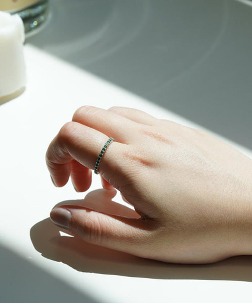 Alleun Silver 925 Couple Cubic Square Thin Ring Green