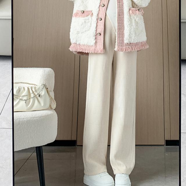 French Chic Maternity Lambswool Coat & Fleece-Lined Wide-Leg Pants Set for Autumn/Winter M