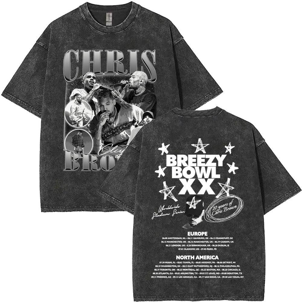 Washed Chris Brown Breezy Bowl Xx Tour T-Shirts Men Hip S