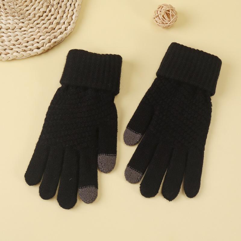 Winter Plus Velvet Simple Warm Gloves Touch Screen Cold Proof Outdoor Riding Solid Color Gloves Five Finger Wool Windproof Gloves