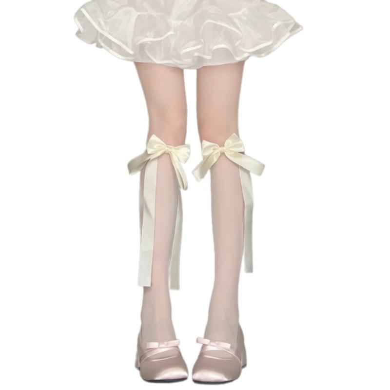 Women Girl Fashion Knee Highs Socks with Bows Summer Thin Sheer Silk Stockings Lolitas Calf Socks Knee Highs Stockings бежевый