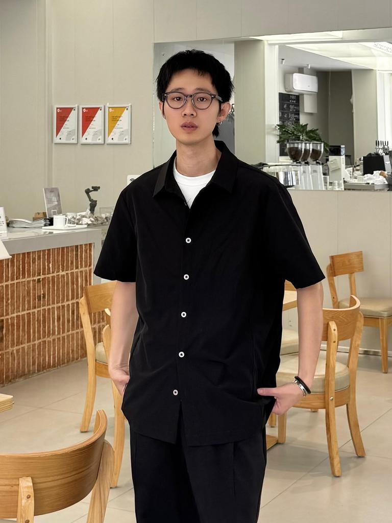 [CHANGE WELL] Men's 2025SS Fashion Summer Casual Lightweight Stretch 70D Nylon Quick-Drying Engineering Cut Short-Sleeve Shirt (BLACK, L)