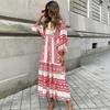 Women Bohemian Geometric Print Long Maxi Dress Lantern Sleeve V Neck Loose Casual Spring 2026 Travel Party Outfit