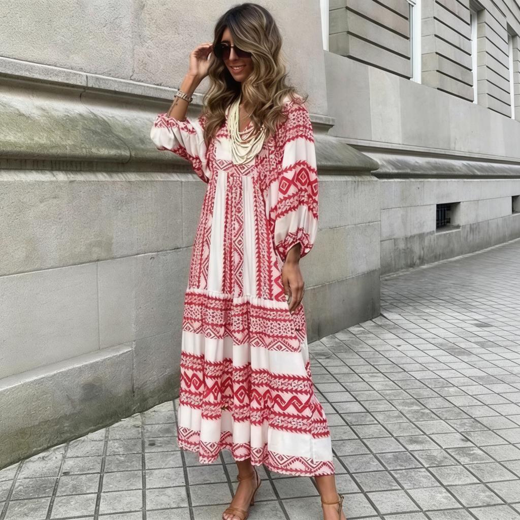 Women Bohemian Geometric Print Long Maxi Dress Lantern Sleeve V Neck Loose Casual Spring 2026 Travel Party Outfit