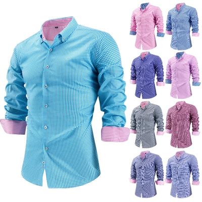 Cămașă bărbătească cu mânecă lungă, bloc de culori în carouri, croială regulată, elastică în 4 direcții, cu nasturi, top smart casual