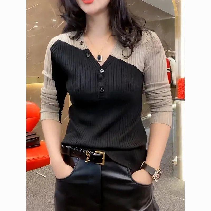 

Spring Autumn New Fashion V-neck Long Sleeve Women s Pullovers Patchwork Color Blocking Knit Bottoming Shirt S чорний