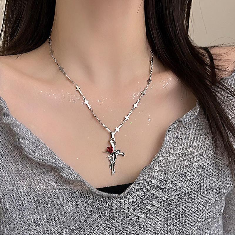 Gothic Dark Style Beaded Thorns Rivet Cross Necklace Women S Punk Vintage Double Layer Chain Jewelry Accessory