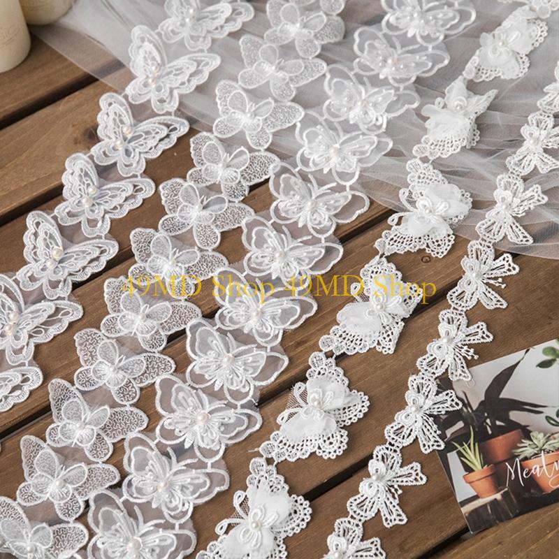 49MD 1 Yard Bowknot for Butterfly Embroidered Lace Trim Ribbon Imitation Pearl Beaded Applique DIY Sewing Craft Wedding Bridal