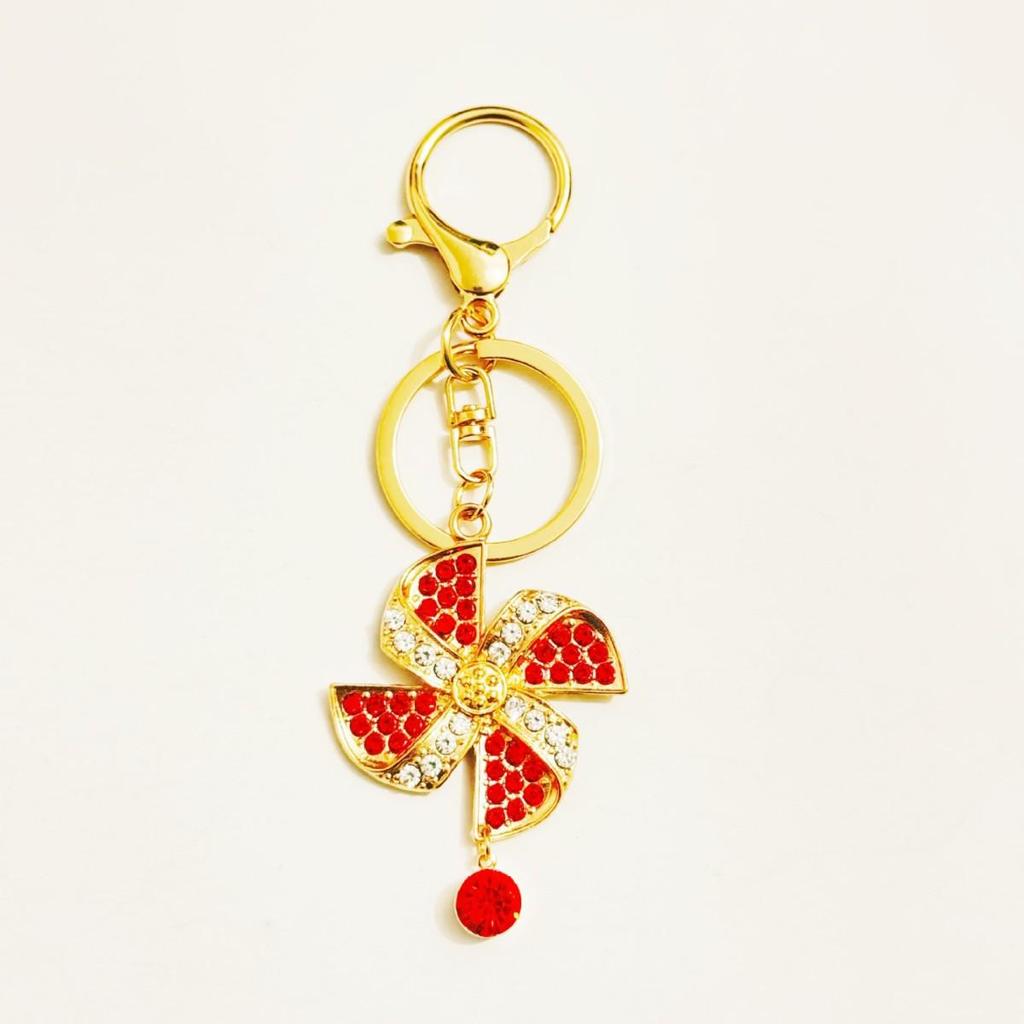 Rhinestone Windmill Key Ring with Plush Pom-Pom Pendant