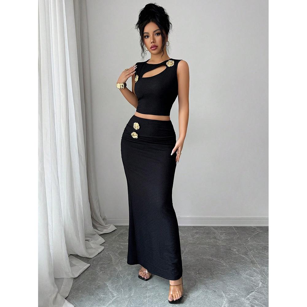 Women's 2 Pieces Summer Sets 2-Piece Set Knit Button Hollow Top And Waist Slit Skirt Skirt Set