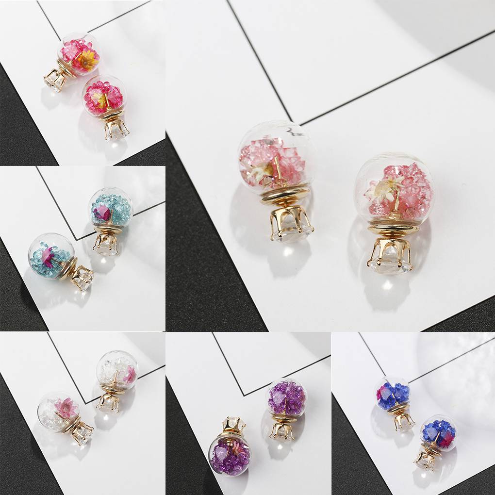 Women Girls Double Side Dry Flower Rhinestone Glass Stud Earrings Crystal Ball Ear Pin Jewelry Accessories