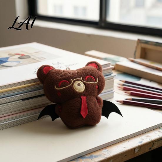 Plush Toy with Bead Chain Halloween Bear Bat Pendant Stuffed Devil Backpack Bag Charm Goth Keyring Pendant Hanging Embroidered Animal Doll