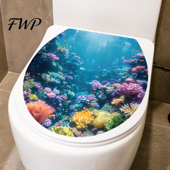 Einfach abziehbar und aufklebbar Wandaufkleber Meereswelt Toilettenaufkleber, & Toilettendeckel Badezimmer-Aufkleber, Meereslandschaft für Toilette Heimdekoration Ohne Rückstände