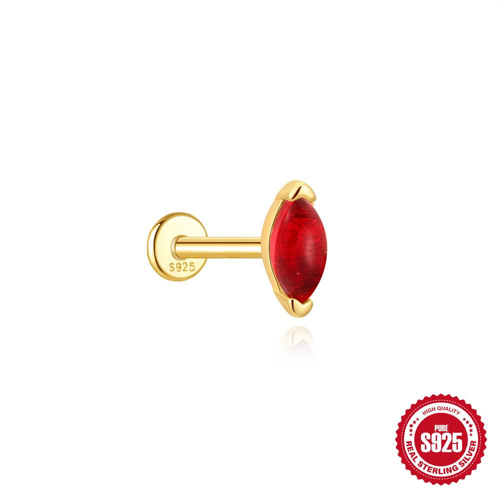 S925 Sterling Silver Green Fresh Retro Red Color Flat Head Stud Earrings Round Personality Versatile Earbone Stud Puncture