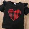 Girls Fashion Outfit Plaid Heart Embroidery Flutter Sleeve Top and Shorts 3 Piece Set