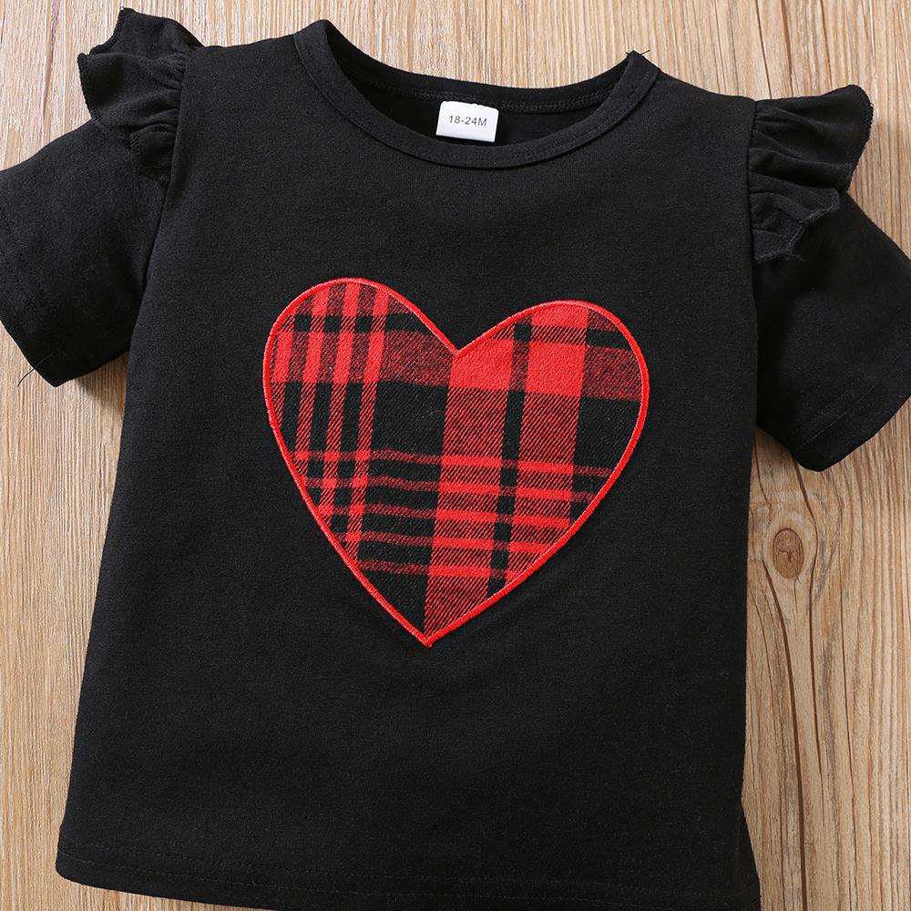 Girls Fashion Outfit Plaid Heart Embroidery Flutter Sleeve Top and Shorts 3 Piece Set