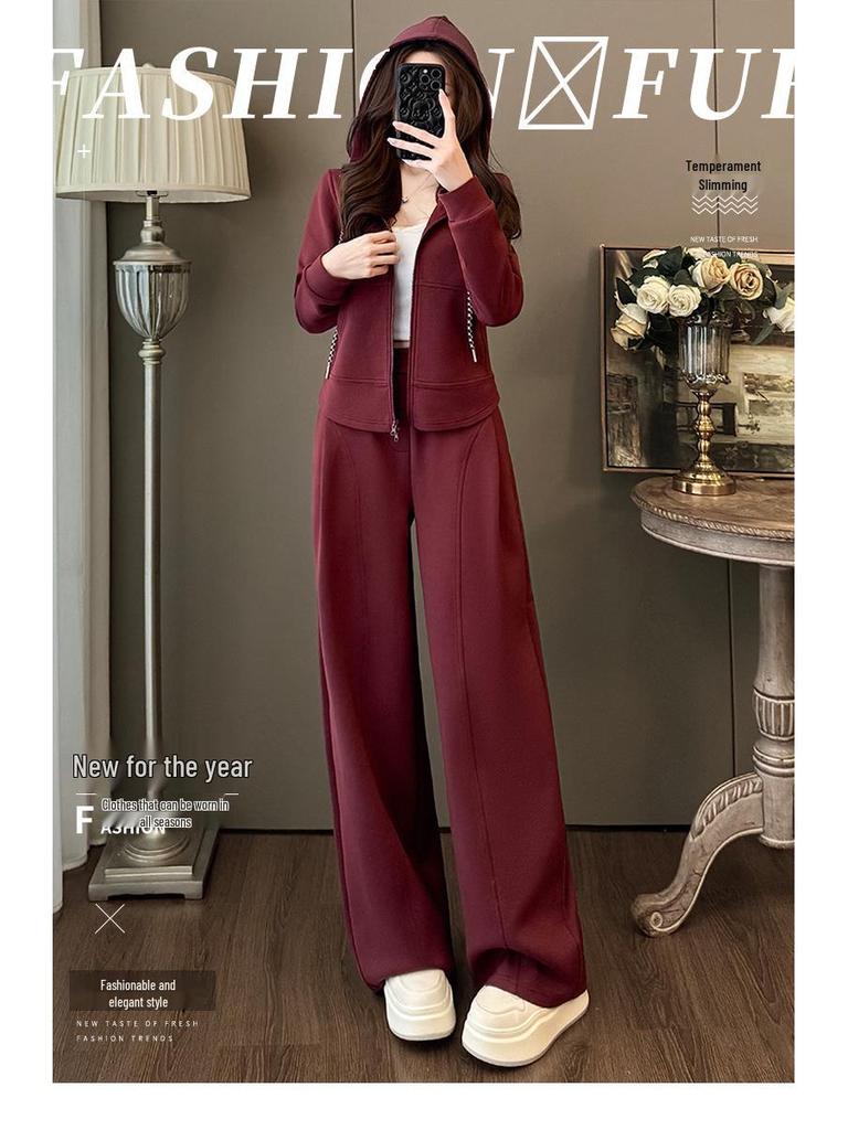 Spring Casual Fashion Set: Women's Korean-Style Zipper Cardigan Hoodie with Wide-Leg Pants, Two-Piece Set