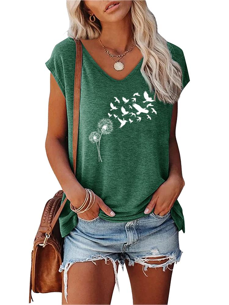 Women Fashion V Neck T-shirt Short Sleeve Top Summer Casual Print Tee Shirt