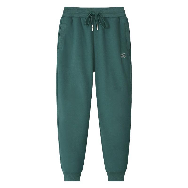 Women's Dark Green Slim Cotton Sweatpants - Warm, Casual, Plus Velvet Autumn/Winter 2025