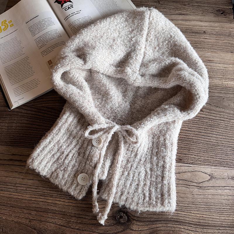 Solid Knitted Color Cap With Wide Brim And Ear Warmers For Autumn Winter Casual