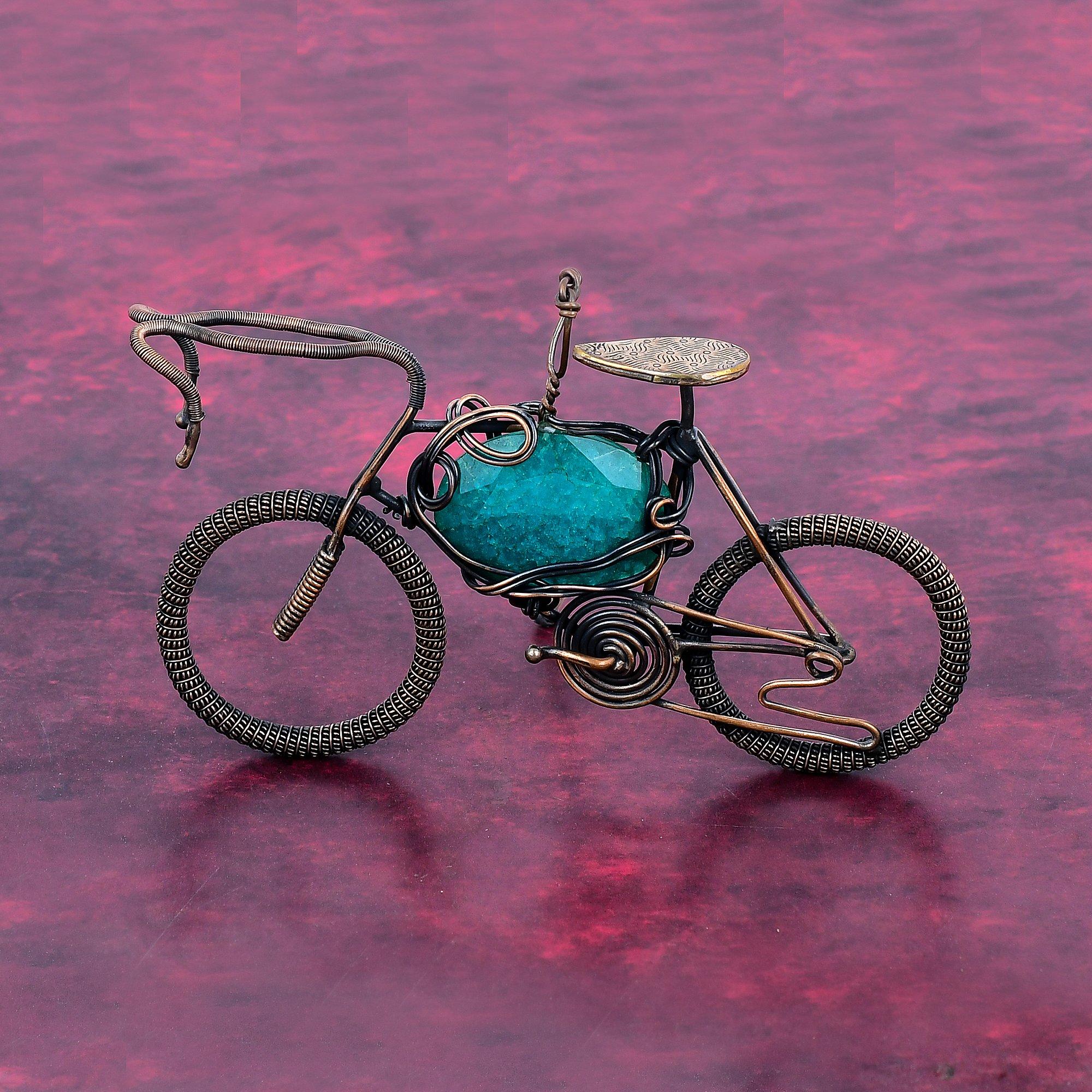 Faceted Zambian Emerald Gemstone Pendant Copper Wire Wrapped Cycle Design Pendant