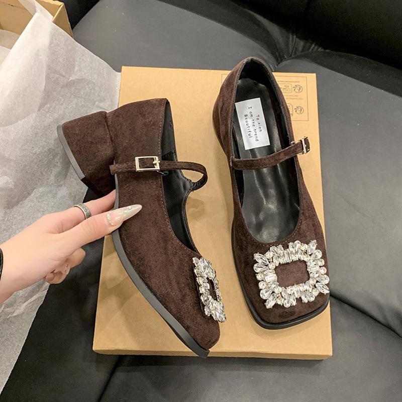 French Thick Heel Mary Jane Shoes Women's Spring New with Skirt Rhinestone Single Shoes Evening Breeze Fairy Style Heels