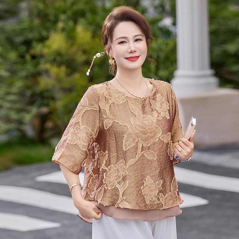 

Summer 2026 Stylish Mid-Sleeve T-Shirt Set for Women Over 50, Featuring a Chic Round Neck Two-Piece Design XXXL [120-135 kg]