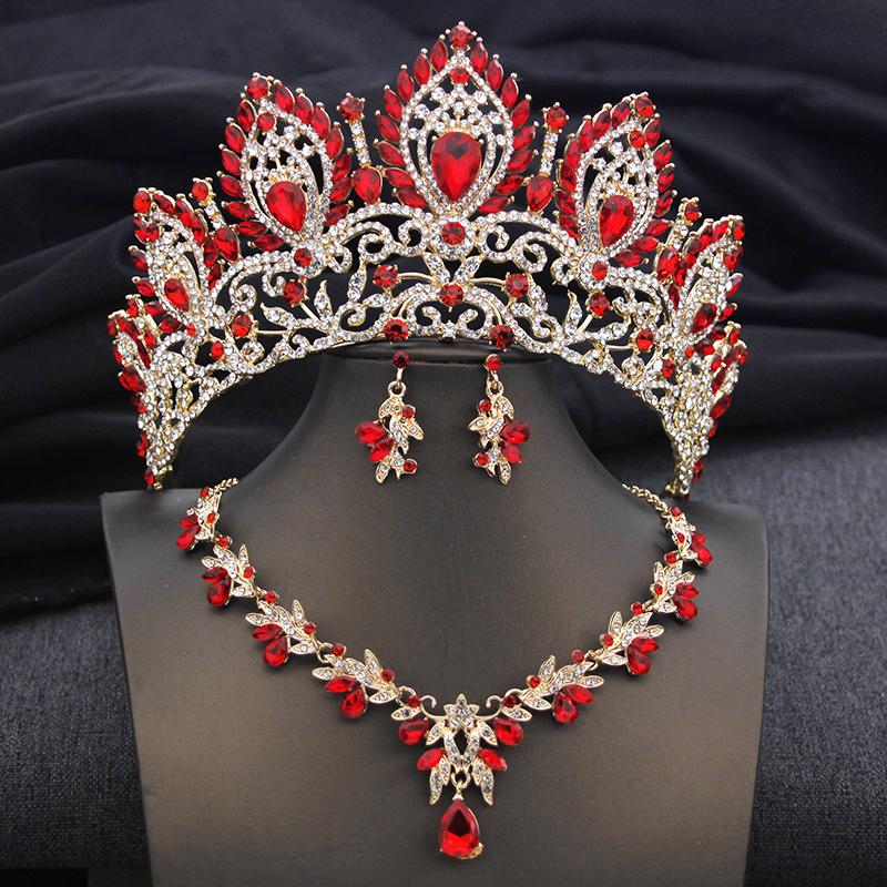 Luxury Green Crown Bridal Jewelry Sets for Women Tiaras and Necklace Earrings Bride Jewelry Set Wedding Costume accessories